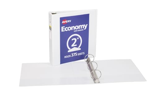 Avery Standard View 3 Ring Binders, 2" Round Rings, 375-Sheet Capacity, 2.8 Inch Wide Spine, White Binders, Ideal for Lightweight Organization and Occasional Referencing (12-Pack of 05731) - size: 2"