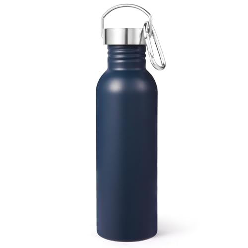 Volhoply 26oz Uninsulated Single Walled Water Bottle, Stainless Steel Reusable Water Bottles with Handle & Carabiner, BPA Free Wide Mouth Water Bottles for Gym Sports Camping（Navy,1） - color: Navy