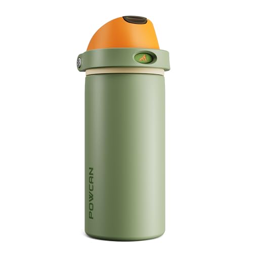 POWCAN 18 oz Metal Sports Water Bottle: 2-in-1 Push-Button Spout & Quick-Flip Straw, Leakproof, Cold 24 Hrs, Fits Car Cup Holder, Insulated Bottle for Hiking, Camping, School, Travel Gift (Olive Cool) - color: Olive Cool, size: 18 Ounces