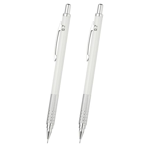 PATIKIL 2Pcs Mechanical Pencil 0.7mm, Lead Pencils Mechanical Holder Medium Point Automatic Metal Holder for Drawing Art Sketching Woodworking, White - color: White