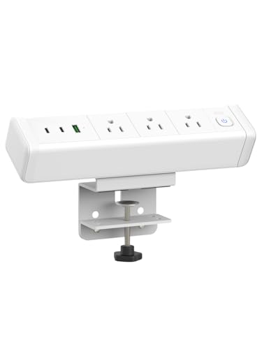 Desk Clamp Power Strip 3 Outlet 2PD20W USB-C Ports,1 USB-A Ports,Desktop Edge Mount Outlet Spaced Surge Protector Fast Charging Station, 6.6 Ft Extension Cord for Office Home. (White) - color: White