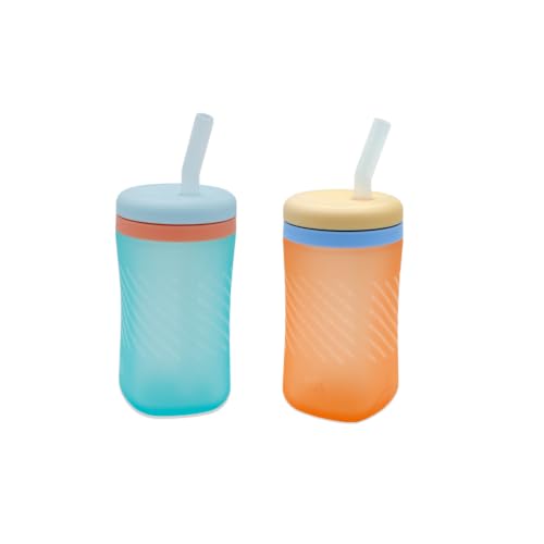 The First Years Silicone Squeeze & Sip Straw Cup - Spill-Proof Toddler Training Cups - Dishwasher Safe - Orange and Blue - 7 oz - 2 Count - Ages 6 Months+ - color: Orange and Blue