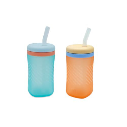 The First Years Silicone Squeeze & Sip Straw Cup - Spill-Proof Toddler Training Cups - Dishwasher Safe - Orange and Blue - 7 oz - 2 Count - Ages 6 Months+ - color: Orange and Blue