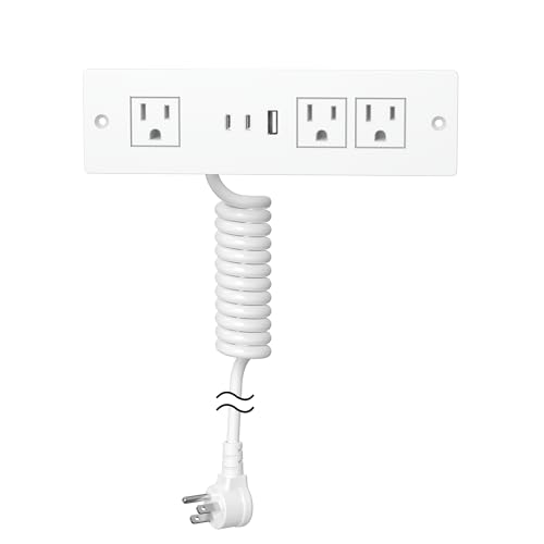 Furniture Drawer Outlet, Recessed Power Strip with (3) PD 20W USB Ports Fast Charging & (3) 15 Amp AC Outlets, (14 AWG) 5 FT White Spring Cord - color: White, size: 5 FT