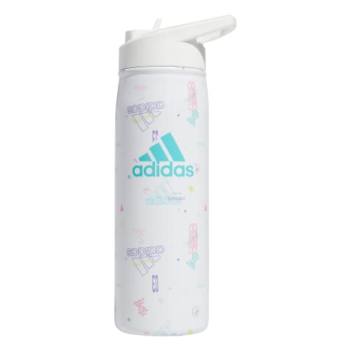 adidas Stainless Steel Metal Water Bottle 20 oz (600 mL) Straw Lid - color: Icon Brand Love White/White/Flash Aqua Blue
