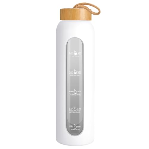 Sursip 32 oz Glass Water Bottle, Time Marker with Silicone Sleeve & Lid | 1 Liter BPA-Free Motivational Bottle, Leak-Proof Dishwasher Safe - color: Copper