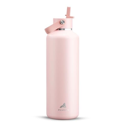POWCAN 32 oz Insulated Water Bottle: Leakproof, Lid with Flip Straw, Cold for 24H, BPA-Free, Metal Water Bottle with Handle for Travel, Gym, Fitness, Hiking, Birthday Gift for Women (Cotton Candy) - color: Cotton Candy, size: 32 Ounces