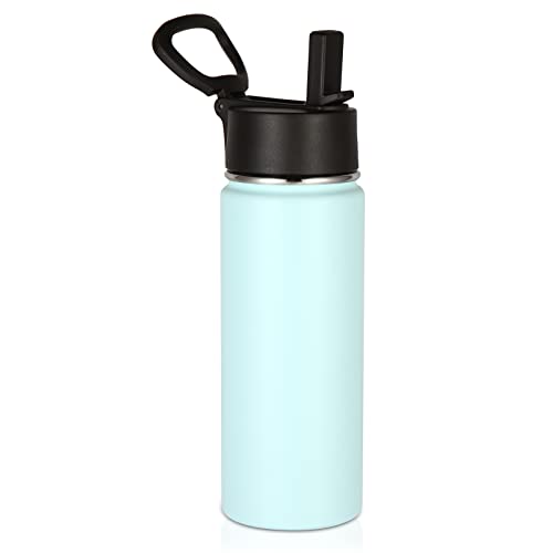 Volhoply 18oz Kids Insulated Water Bottle,Stainless Steel Water Bottles with Straw Lid,Wide Mouth Reusable Metal Water Bottle,Double Wall Vacuum Sports Travel Flask For Cold Drink(Fog,1 Set) - color: Fog