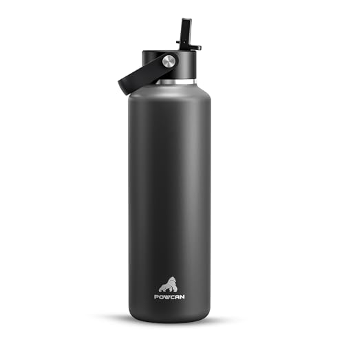 POWCAN 24 oz Slim Insulated Water Bottle: Leakproof, Lightweight, Top Handle, Stainless Steel Water Bottle with Straw for Sport, Gym, Fitness, Office, Home, Commute, Workouts, Boy, Men (Stone Gray) - color: Stone Gray, size: 24 Ounces