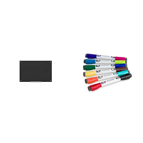 U Brands Glass Non-Magnetic Dry-Erase Board, 36 X 24 Inches, Black Surface, Frameless & Low Odor Magnetic Double Ended Dry Erase Markers With Erasers, Bullet Tip, Assorted Colors, 6-Count