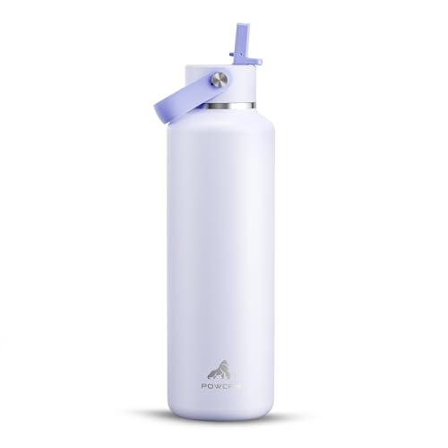 POWCAN 24 oz Slim Insulated Water Bottle: Leakproof, Lightweight, Cold for 24H, Double Walled Stainless Steel Water Bottle with Straw for Travel, Hiking, Biking, Sport, Outdoors (Lupine Haze) - color: Lupine Haze, size: 24 Ounces
