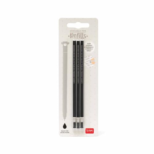 Legami Refill for Erasable Gel Pen, Set of 3 Refills, 13 cm Height, Black Thermosensitive Ink, 0.7 mm Tip