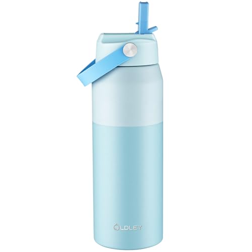 Oldley 24oz Insulated Water Bottle with Straw, Stainless Steel Water Bottle for Sports, Travel, School, BPA-Free Sports Bottles for Adult Kids, Leak-Proof, Light Blue Layered - color: Light Blue Layering, size: 24 Ounces