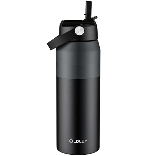 Oldley 24oz Insulated Water Bottle with Straw, Stainless Steel Water Bottle for Sports, Travel, School, BPA-Free Sports Bottles for Adult Kids, Leak-Proof, Gray & Black Layering - color: Gray & Black Layering, size: 24 Ounces