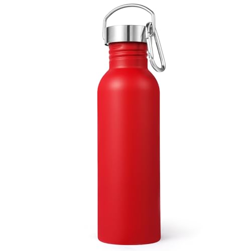 Volhoply 26oz Uninsulated Single Walled Water Bottle, Stainless Steel Reusable Water Bottles with Handle & Carabiner, BPA Free Wide Mouth Water Bottles for Gym Sports Camping（Red,1） - color: Red