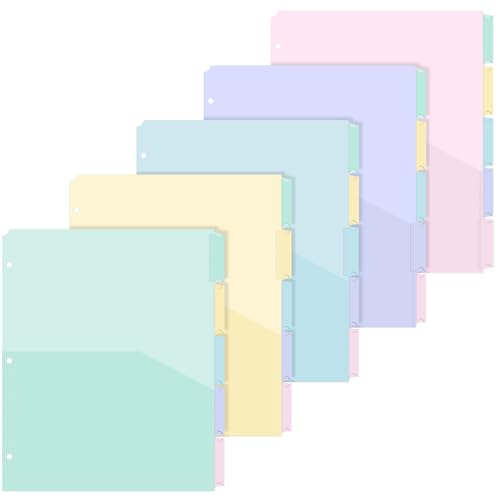 5 Sets 5 Tab Binder Dividers with Pockets for 3 Ring Plastic Binders 8.5 x 11 Inches 3 Hole Punched Page Divider Sturdy Colorful Dividers for Office School Business Home Organizer (Pastel Color) - color: Pastel