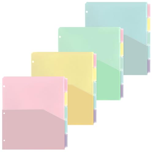 4 Sets Back to School 5 Tab Plastic Binder Dividers, Plastic Index with Pocket for 3 Ring Binder, Colorful Letter Size Sheet Protector for Office Business Organization Supplies(Pastel) - color: Pastel