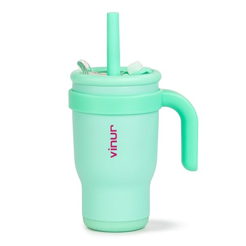 VINUR Kids 14 oz Tumbler with Handle and Straw Lid - Leak Resistant-Reusable Stainless Steel Insulated Tumbler Mug with Rubber Base-Cup Holder Friendly, Teal - color: Teal, size: 14 Ounces