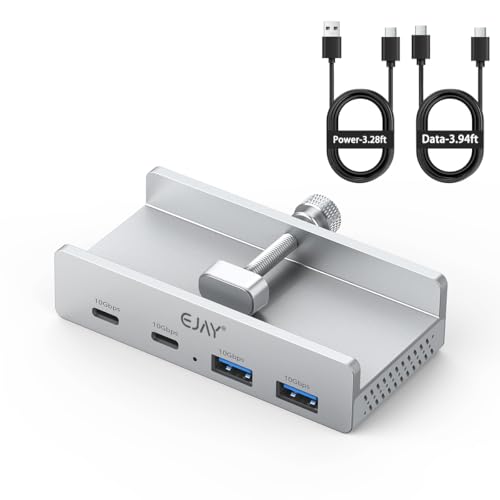 EJAY 4Ports 10Gbps USB-C HUB USB3.2 Clamp USB HUB Splitter,Mountable USB-C Adapter with Data & Power Cable for iMac 2021 and later-10Gbps(Sliver) - size: with 2 USB C&2 USB A
