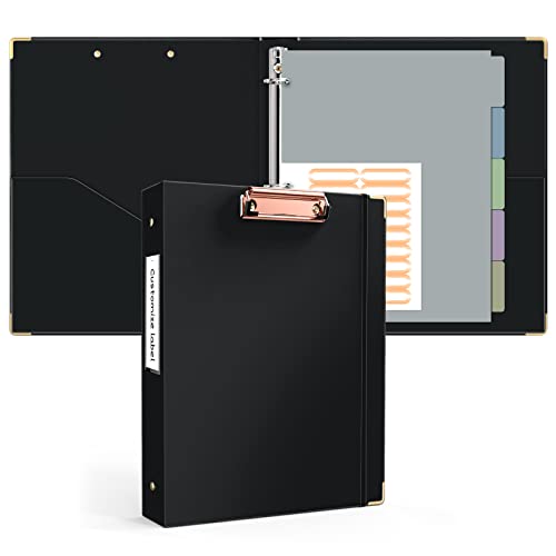 Ospelelf 3 Ring Binder 1 Inch, Clipboard Binders for Letter Size Documents (11" x 8.5") with 5 Tab Dividers, File Folder Labels, Black Organizer for School and Office Supplies - color: Black, size: 1in（Letter Size）