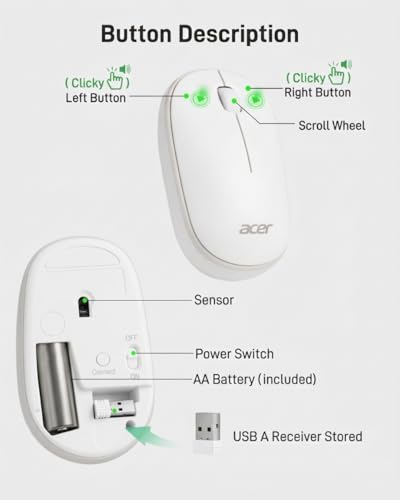 Acer Computer Mouse Wireless, 2.4G Slim USB Wireless Mice with USB-A Receiver, 1600 DPI Optical, Laptop Mouse with Plug and Play for Right/Left Handed Users (for Chromebooks, Windows PC & Mac) White - style: Bubble mouse, white