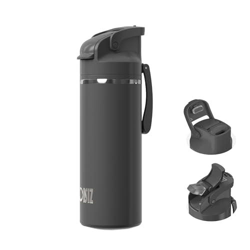 OISIZ Insulated Water Bottle 20 oz with 2 in 1 Spout and Straw Lid,One Click Safety Lock,100% Leakproof,Keep Cold 24H,Vacuum Stainless Steel Water Bottle for School,Travel and Sports,Dishwasher Safe - color: coal grey, size: 20 Ounces