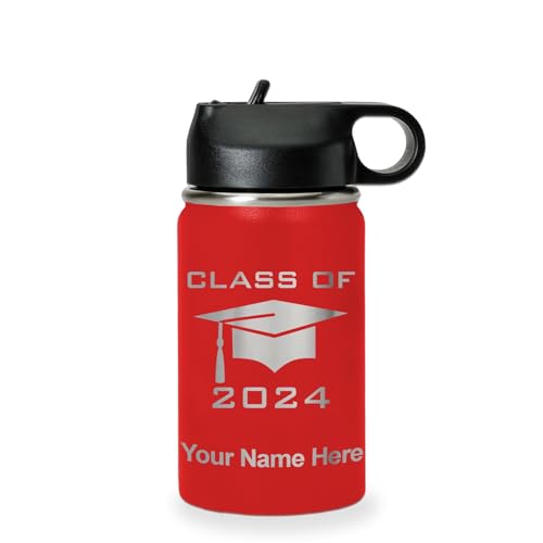 LaserGram Personalized Water Bottle, Grad Cap Class of 2023, 2024, 2025, 2026, 2027, Stainless Steel Double Wall Vacuum Insulated with Flip Top Straw, Custom Engraved Gift (12oz / 335ml Red) - color: Red, size: 12 Ounces