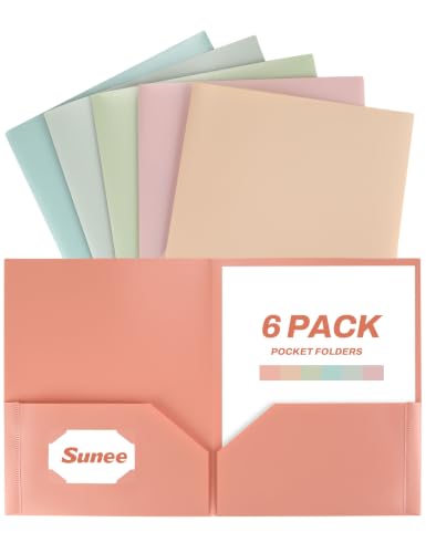 SUNEE Folders with Pockets (6 Pack, Vintage Colors), Plastic Folders with Pocket, Poly Folder for Documents Letter Size, 2 Pocket Folder for Kids, Home, School, Office - color: Light Retro, style: 6-Pack