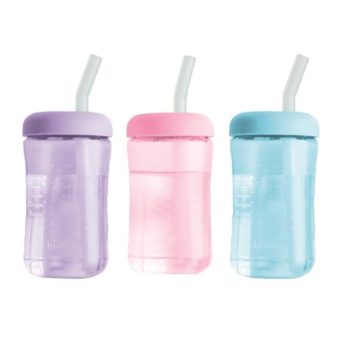 The First Years Squeeze & Sip Toddler Straw Cups - Squeezable Transition Sippy Cup with Silicone Straw - Toddler Feeding Supplies - Pink/Purple/Blue - 7 Oz - 3 Count - Ages 6 Months and Up - color: Pink/Purple/Blue