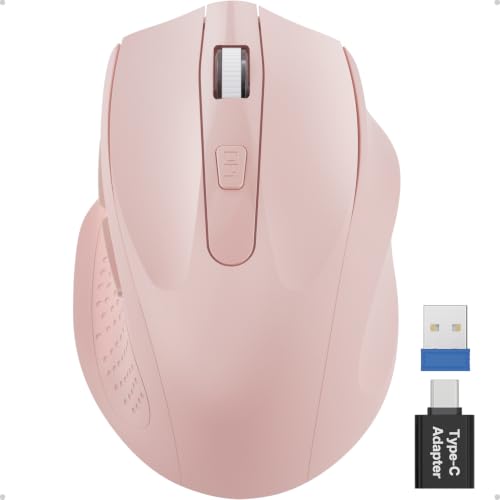 Pink Wireless Mouse for Laptop, 2.4GHz Computer Mouse with USB-A Port &USB-C Adapter, Cordless Office Mice with 6 Buttons & 3 Level DPI for Small to Medium Hands, Work with PC, Desktop, Tablet - M21 - color: Pink