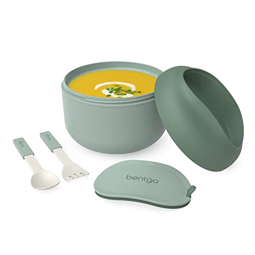 Bentgo Bowl - Insulated Leak-Resistant Bowl with Collapsible Utensils, Snack Compartment and Improved Easy-Grip Design for On-the-Go - Holds Soup, Rice, Cereal & More - BPA-Free, 21.2 oz (Khaki Green) - color: Khaki Green