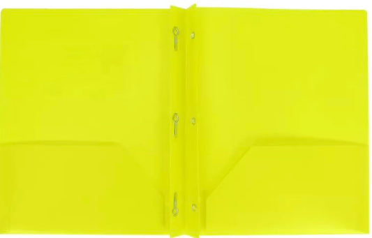 Letter Size Plastic Folder with Pockets and 3 Metel Prongs (Yellow) - color: Yellow