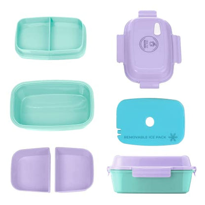 Ultimate Bento Box - Lunch Box for Kids & Adults with Removable Ice Pack - Leakproof, Multi-Compartment Food Container with Removable Containers - Microwave & Dishwasher Safe(Purple, Green, Purple) - color: Purple, Green, Purple