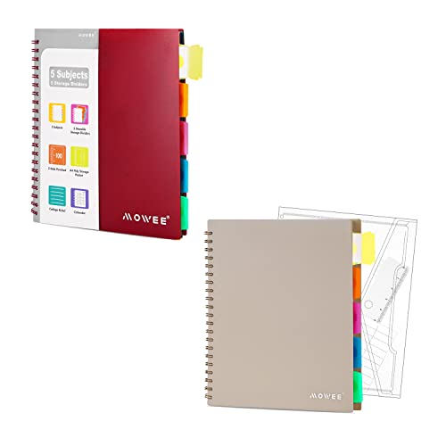 Spiral Notebook - 5 Subject Notebook, Brown and Red College Ruled Notebook 3-Hole Punched With Dividers, Storage Pockets