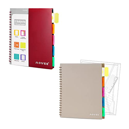 Spiral Notebook - 5 Subject Notebook, Brown and Red College Ruled Notebook 3-Hole Punched With Dividers, Storage Pockets