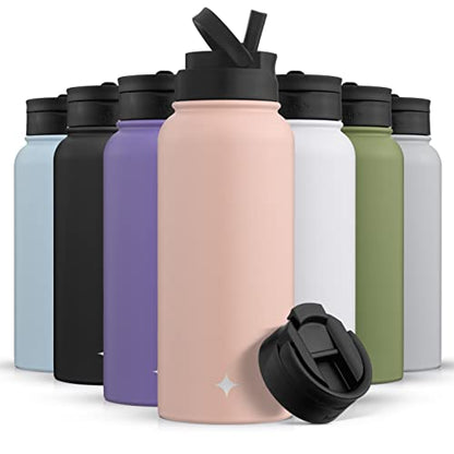 JoyJolt Triple Insulated Water Bottle with Straw Lid AND Flip Lid! 32oz, 12 Hour Hot/Cold Vacuum Insulated Stainless Steel Large Bottle. BPA-Free Leakproof Thermos Water Bottles - color: Blush Pink, size: 32 Ounces