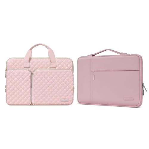 MOSISO Multifunctional Briefcase & 360 Protective Square Quilted Sleeve Bag with 2 Pockets&Handle&Belt Compatible with MacBook Air/Pro, 13-13.3 inch Notebook, Pink&Chalk Pink