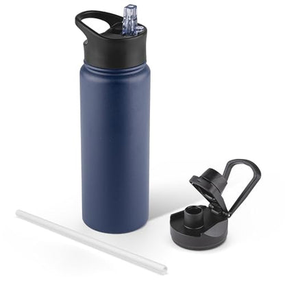 24 oz Insulated Water Bottle with Straw Lid & Wide Mouth Lids, Stainless Steel Sports Water Bottles, Double Walled Vacuum, Leak Proof, Blue Black Gradient - color: Navy Blue, size: 24 Ounces