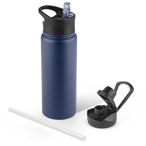 24 oz Insulated Water Bottle with Straw Lid & Wide Mouth Lids, Stainless Steel Sports Water Bottles, Double Walled Vacuum, Leak Proof, Blue Black Gradient - color: Navy Blue, size: 24 Ounces