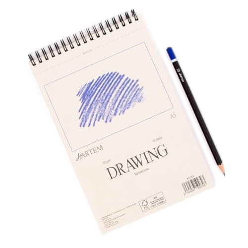 Hartem - A5 Sketch Book & 2B Graphite Pencil, Top Spiral Bound Sketch Pad, 100 Sheets, 60lb/90gsm Acid-Free Drawing Paper, Art Suppiles for Kids & Adults, Beginners & Professional Artists - size: A5 (5.8 × 8.3 in) + 2B Graphite Pencil