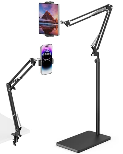 Tablet Floor Stand with 11lb Stable Base & Desk Clamp, Adjustable Height Stretchable Arm Swivel Dual Holder, Compatible with iPhone, iPad Pro Air Mini, Galaxy Tab, Kindle, Phones (4.5''-13'')