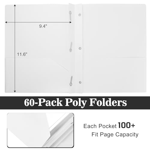 60-Pack Plastic Folders with Pockets and Prongs, 2-Pocket Poly Folders with 3 Fasteners Holds 8-1/2" x 11" Paper for School/Office/Home, White - color: White, size: 60-Pack