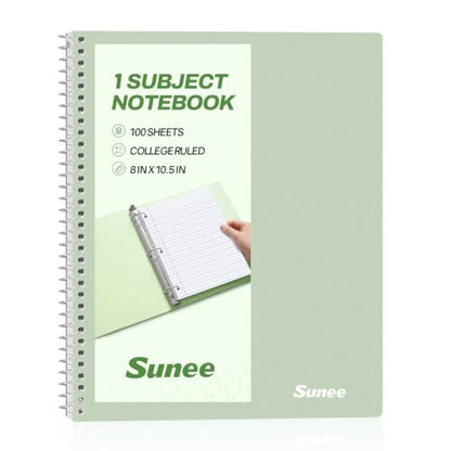 SUNEE Spiral Notebook, 1-Subject, College Ruled Paper, 8" x 10-1/2", 100 Sheets per Notebook, 3-Hole Punched Paper, Water Resistant Cover, Double-sided Pockets, Spiral Lined Notebooks for Work, Green - color: Green