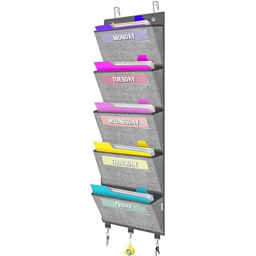 homyfort Over the Door hanging File Organizer, Weekly Hanging File Folders, Wall Organizers and Storage for Mail, Magazine, Notebooks, Office, Classroom, 5 Large Pockets, 50.39” Tall, Grey - color: Grey with Weekday