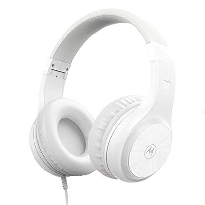 Motorola Sound Moto XT120 Over Ear Headphones Wired with Microphone, in-Line Command Control for Calls - Foldable Wired Headphones with Adjustable Cushioned Headband, Dynamic Bass, 3.5mm Jack - White - color: White