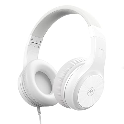 Motorola Sound Moto XT120 Over Ear Headphones Wired with Microphone, in-Line Command Control for Calls - Foldable Wired Headphones with Adjustable Cushioned Headband, Dynamic Bass, 3.5mm Jack - White - color: White