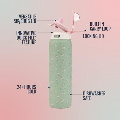 Ello Pop & Fill Insulated Stainless Steel Water Bottle with Quick Fill Lid, Leakproof Locking, Sip or Chug Spout, BPA-Free, Double Wall Vacuum Insulated for Sports, Travel & School- 22oz / 32oz / 40oz - color: Full Bloom, style: 22oz