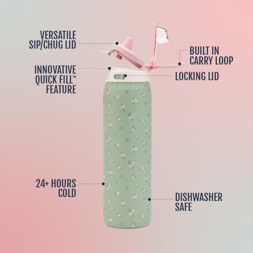 Ello Pop & Fill Insulated Stainless Steel Water Bottle with Quick Fill Lid, Leakproof Locking, Sip or Chug Spout, BPA-Free, Double Wall Vacuum Insulated for Sports, Travel & School- 22oz / 32oz / 40oz - color: Full Bloom, style: 22oz