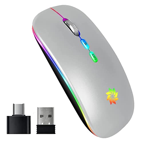 KBCASE Wireless Mouse 2.4G, Silver | LED Backlit Wireless Mouse, Slim Silent Rechargeable Wireless Mouse for Laptop, Computer, MacBook, with USB & Type-c Receiver - color: Silver with LED Backlit