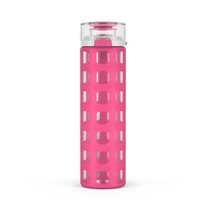 Ello Syndicate 20oz Reusable Glass Water Bottle with One-Touch Leak Proof Flip Lid and Protective Non-Slip Silicone Sleeve and Carry Loop for Coffee, Tea and Water, BPA-free, Dishwasher Safe, Pink - color: Pink